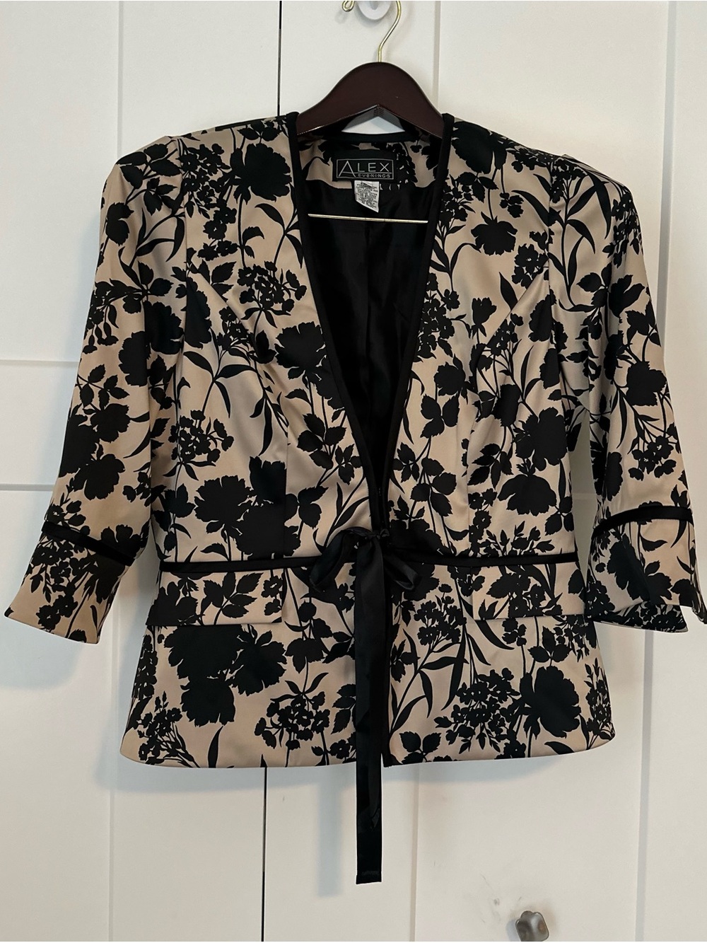 Alex Evenings Black Floral Tie-Waist Blazer on Cream